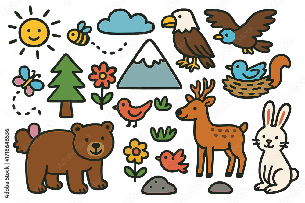 Naklejka premium Vibrant Mountain Wildlife. Colorful Hand-drawn doodle Children illustration Mountain wildlife bear, deer, eagle, bunny, tree,