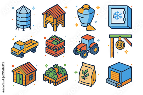Farm Storage Icon Set. Colorful isometric vector icons set of farm storage and transportation: grain silo, hayloft, feed bin, cold