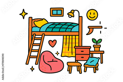 Cozy Loft Doodle. Colorful Hand-drawn doodle Children illustration Loft-style tiny home loft bed, ladder, beanbag chair, shelf,