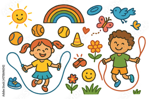 Playful Fitness Doodle. Colorful Hand-drawn doodle Children illustration playful fitness jumping rope, skipping kids, ball,