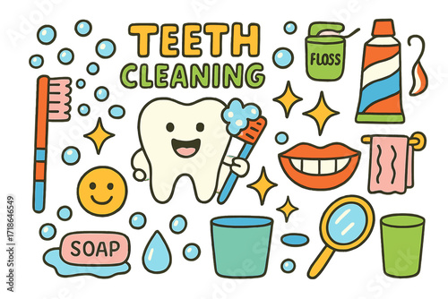 Teeth Cleaning Fun. Colorful Hand-drawn doodle Children illustration Teeth Cleaning fun toothbrush, smiling tooth, bubbles, floss,