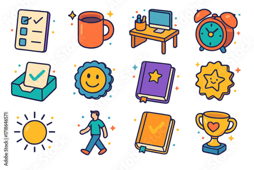 Daily Wins Icon Set. Colorful isometric vector icons set of daily wins: to-do list complete, coffee mug cheer, tidy desk, alarm
