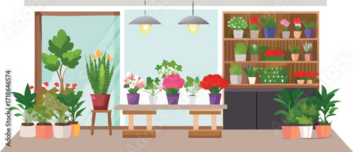A flower shop's interior showcasing vibrant potted plants and organized shelves displaying floral arrangements and supplies.