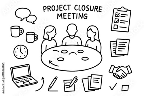 Project Closure Doodle. Hand-drawn doodle illustration project closure meeting round table, coffee mugs, laptop, speech bubble,