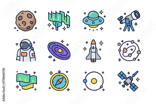 Colorful Astronomy Icons. Astronomy A. Colorful isometric vector icons set of astronomy A: asteroid, aurora, alien spaceship,