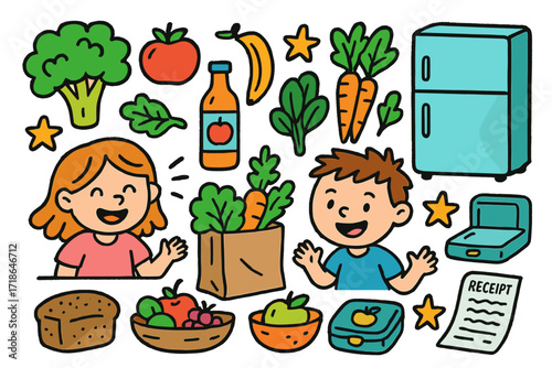 Kids' Healthy Food Adventure. Colorful Hand-drawn doodle Children illustration Healthy food unpacking paper bag, broccoli, apple,