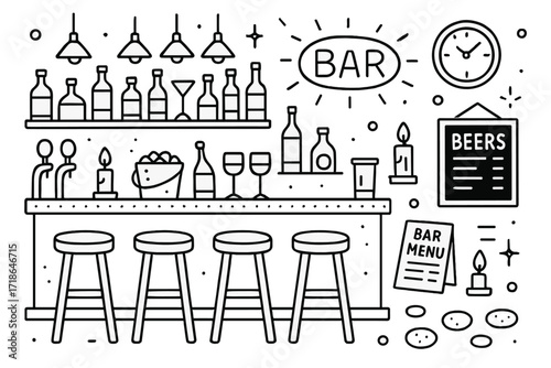 Bar Doodle Scene. Bar scene. Hand-drawn doodle illustration bar scene stools, counter, shelves, bottles, taps, neon sign, glasses,
