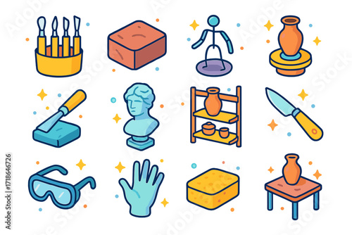 Colorful Sculpture Icons. Colorful isometric vector icons set of sculpture and clay art: sculpting tool set, clay block, wire