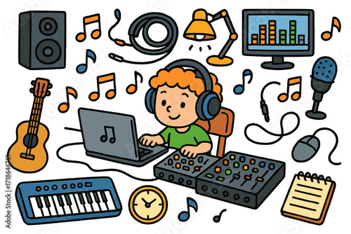 Music Doodle Fun. Colorful Hand-drawn doodle Children illustration Mixing and editing music [laptop, mixing console, headphones,