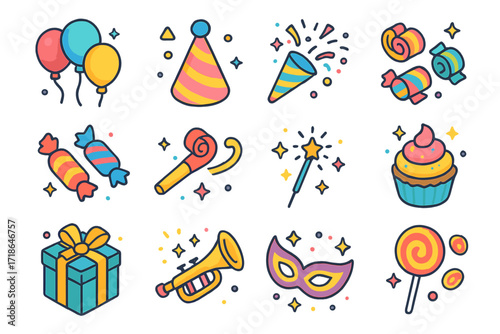 Festive Icon Celebration. Festive fun. Colorful isometric vector icons set of festive fun: balloons, party hat, confetti popper,