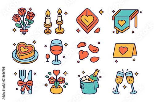 Romantic Anniversary Icons. Colorful isometric vector icons set of romantic anniversary table setup: flower bouquet, candle