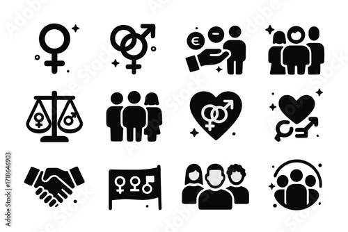 Gender Equality Icons. Gender Equality. Solid icons set of female symbol, male symbol, gender-neutral symbol, equal pay, diverse