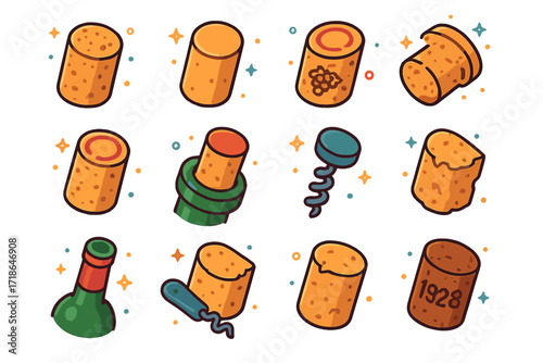 Colorful Cork Icons. Colorful isometric vector icons set of wine bottle cork: natural cork, synthetic cork, cork with logo print,