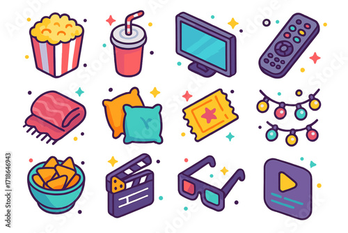 Movie Night Icons. Colorful isometric vector icons set of movie night essentials: popcorn bucket, soda cup, TV screen, remote