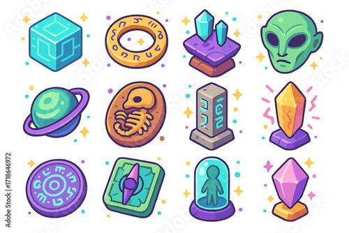 Alien Artifacts Icon Grid. Colorful isometric vector icons set of Mysterious alien artifacts: glowing cube relic, ring of runes,