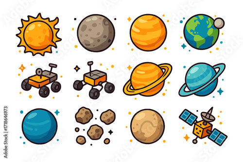 Solar System Icons. Colorful isometric vector icons set of Solar system exploration: sun with flare, Mercury globe, Venus with