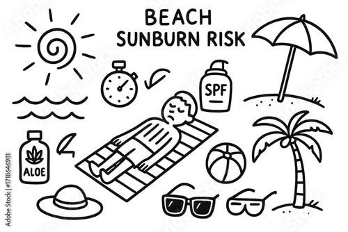 Beach Sun Safety Doodles. Hand-drawn doodle illustration Beach sunburn risk [sun, waves, sand, person lying down, sunburn lines,