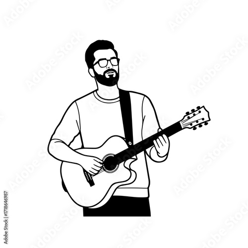 Wallpaper Mural Black and white line art of a cool man playing guitar in casual outfit minimalist stylish illustration Torontodigital.ca
