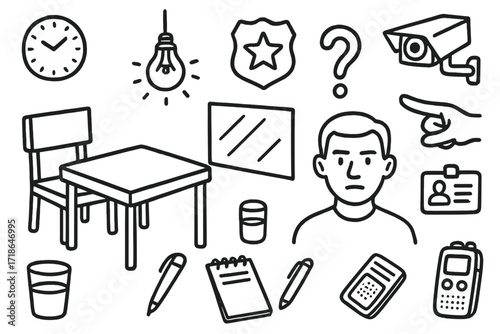 Interrogation Room Doodles. Hand-drawn doodle illustration suspect interrogation room table, chair, light bulb, mirror wall,