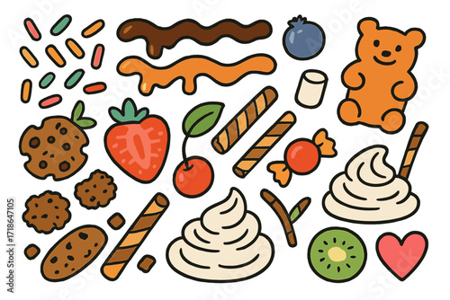 Colorful Sweet Toppings. Sweet toppings. Colorful Hand-drawn doodle Children illustration sprinkles, chocolate syrup, caramel