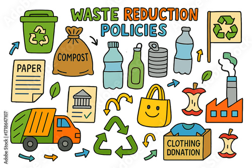 Eco-Friendly Doodle Icons. Colorful Hand-drawn doodle Children illustration Waste reduction policies recycling bin, compost bag,