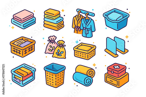 Isometric Linen Closet Icons. Colorful isometric vector icons set of linen closet storage: neatly folded sheet sets, towel stacks,