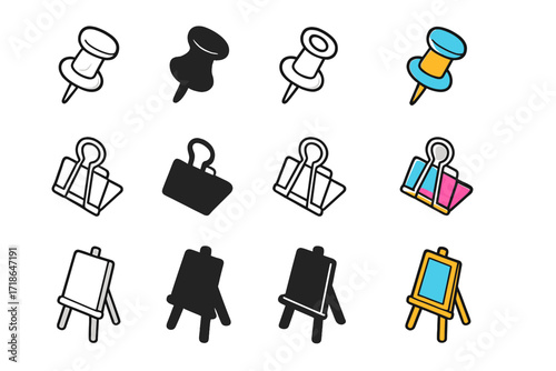 Colorful Display Icons. Icon Set of Display accessories: push pins, binder clips, easel stand. Icons set in vector style,