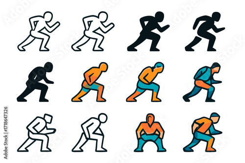 Dynamic Athlete Logos. Set Logo of Athletes Warming Up: Sprinter lunging forward. Logo set in vector style, emblematic variations.