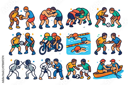 Proximity in Sports Icons. Colorful isometric vector icons set of proximity in sports: basketball players guarding closely,