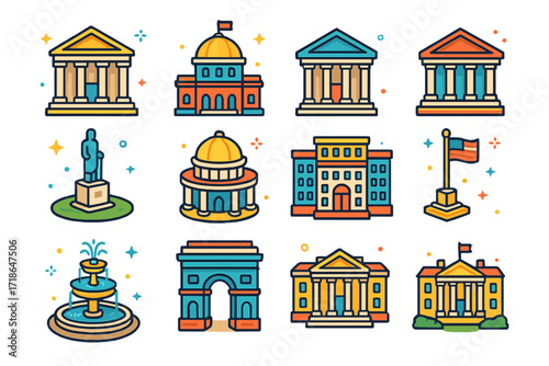 Republic Architecture Icons. Colorful isometric vector icons set of Republic architecture: neoclassical government building, city