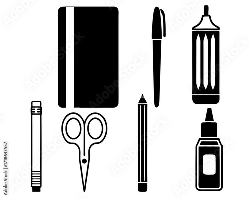 Office and Stationery Tools Icon Set with Notebook, Pen, Pencil, Scissors and Glue 