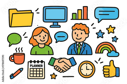 Joyful Office Collaboration. Colorful Hand-drawn doodle Children illustration Office teamwork smiling coworkers, file folder,