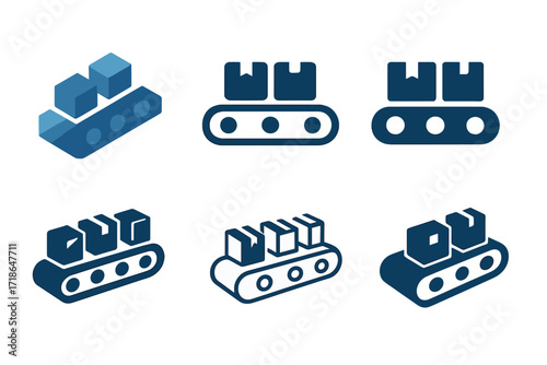 Creative Logo Variations. E-commerce packaging station. Set Logo of e-commerce packaging station: conveyor belt with parcels. 6