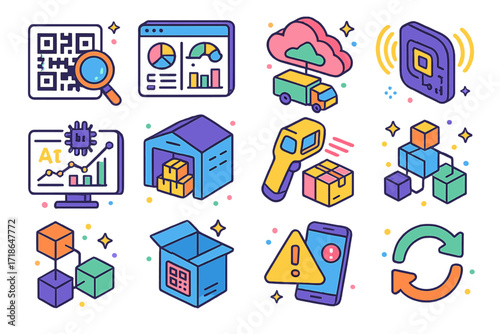 Supply Chain Icon Set. Colorful isometric vector icons set of Supply Chain Technologies: tracking QR code, ERP dashboard,