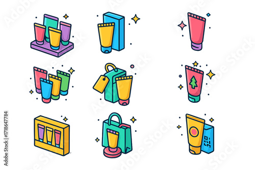 Cosmetic Tube Icons. Colorful isometric vector icons set of cosmetic tubes in a retail set: shelf display tube, boxed skincare