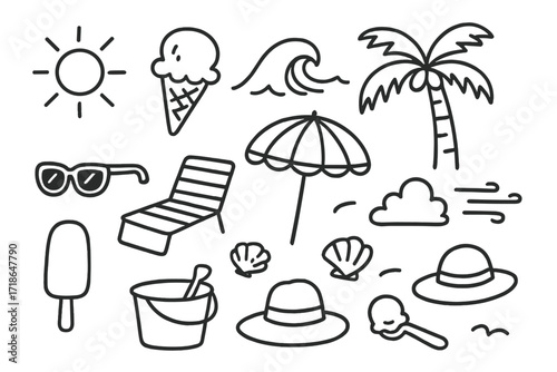 Beachside Ice Cream Doodles. Hand-drawn doodle illustration Beachside ice cream treats [sun, cone, wave, palm tree, chair,