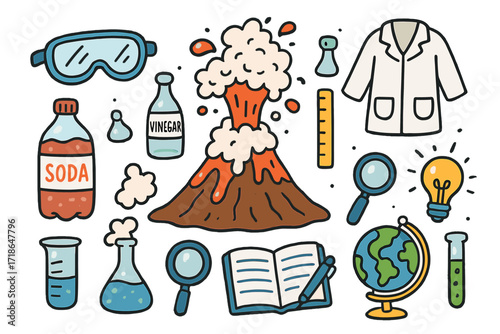 Science Experiment Doodles. Colorful Hand-drawn doodle Children illustration volcano science experiment volcano model, bottle,