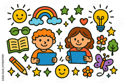 Colorful Learning Adventure. Colorful Hand-drawn doodle Children illustration Learning with Tablets tablet, book, glasses, rainbow