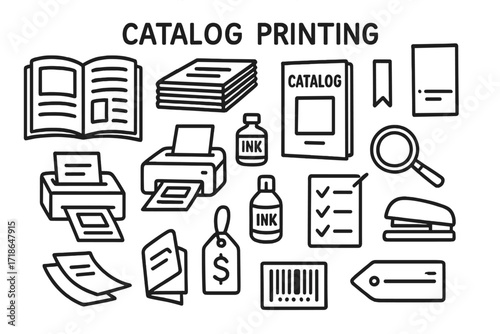 Catalog Printing Essentials. Catalog Printing. Hand-drawn doodle illustration open catalog, stack of catalogs, cover page,