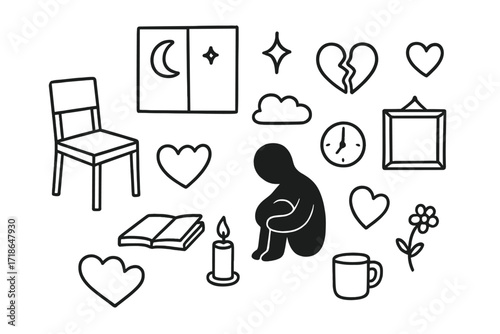Lonely Room Icons. Hand-drawn doodle illustration Loneliness in a room [single chair, window, moon, star, sparkle, heart, broken