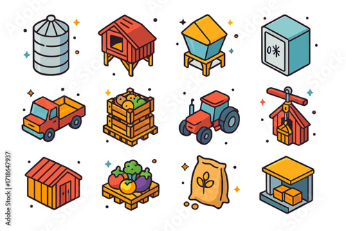 Farm Storage Icon Set. Colorful isometric vector icons set of farm storage and transportation: grain silo, hayloft, feed bin, cold
