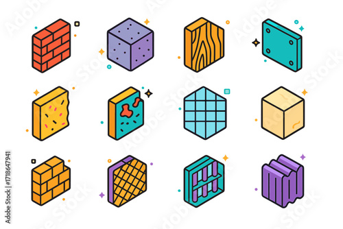 Colorful Wall Texture Icons. Colorful isometric vector icons set of wall textures and surfaces: brick wall, concrete slab, wooden