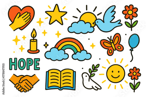 Faith and Hope Doodles. Colorful Hand-drawn doodle Children illustration Faith and trust hand on heart, shining star, sunrise,