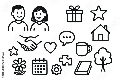 Mutual Support Icons. Hand-drawn doodle illustration mutual support in life man icon, woman icon, heart, handshake, gift box, star