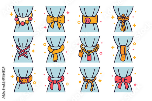 DIY Curtain Tie Icons. Colorful isometric vector icons set of DIY curtain tie ideas: rope with beads, fabric bow, buttoned strip,