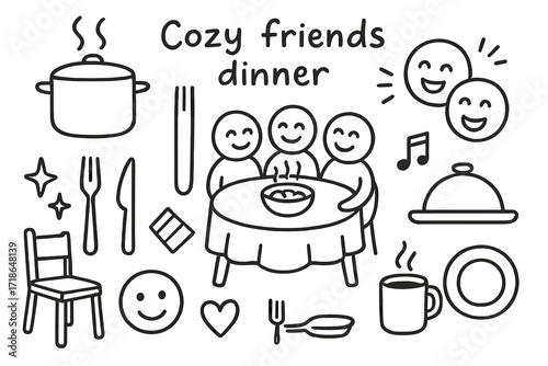 Cozy Dinner Doodles. Hand-drawn doodle illustration Cozy friends dinner gathering pot, food steam, round table, napkin, fork and