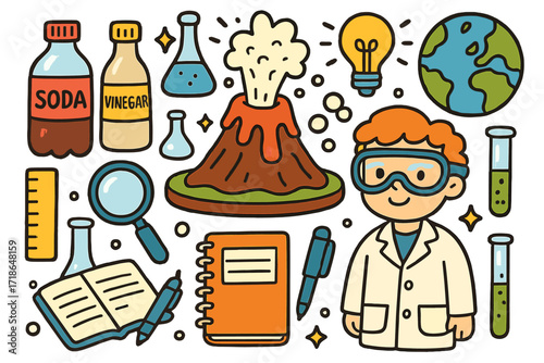 Science Experiment Doodles. Colorful Hand-drawn doodle Children illustration volcano science experiment volcano model, bottle,