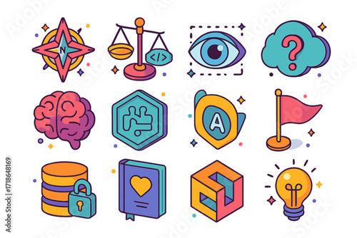 Colorful AI Ethics Icons. Colorful isometric vector icons set of AI ethics and philosophy: moral compass chip, balance scale with