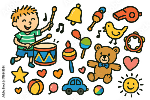 Children's Musical Adventure. Colorful Hand-drawn doodle Children illustration Exploring sounds drum, rattle, bell, whistle,