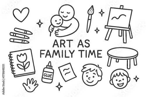 Creative Family Doodles. Hand-drawn doodle illustration Art as quality family time heart, hug, brush, canvas, stars, crayons,